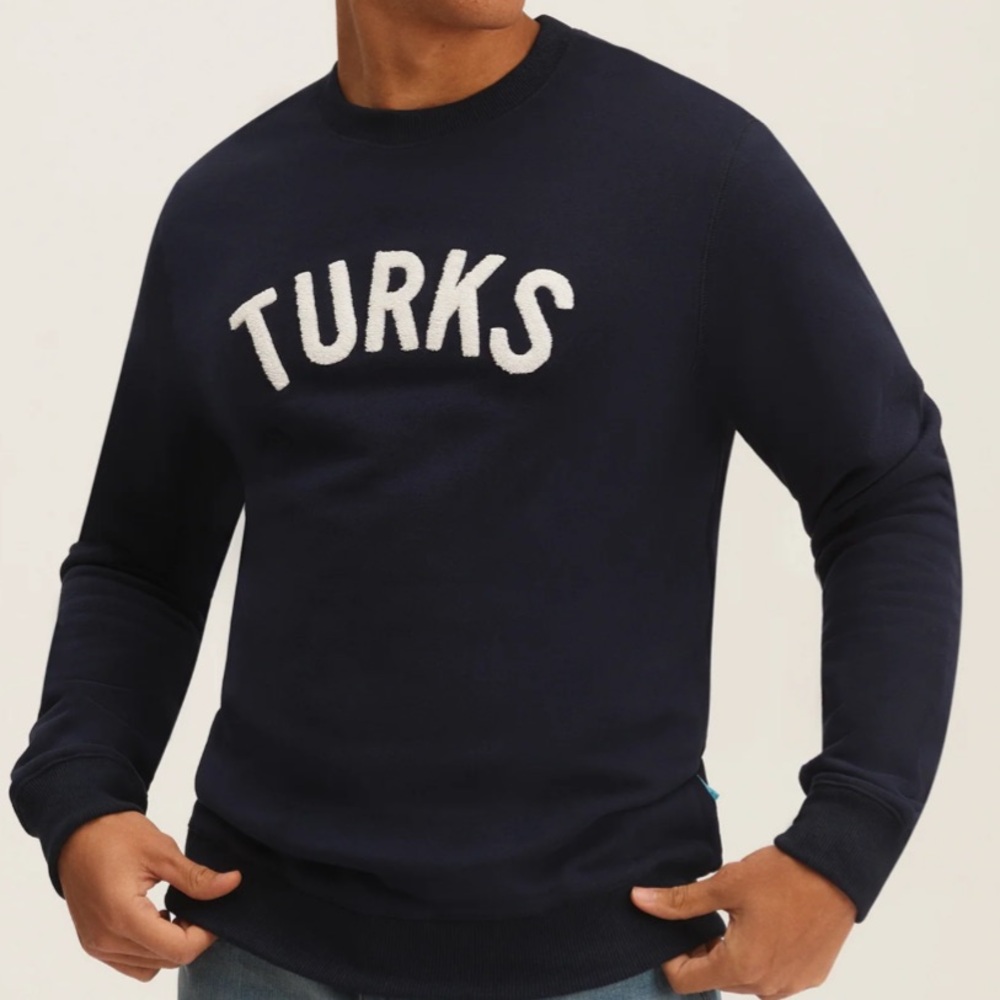 TURKS Navy Crewneck Sweater with White Embroidered Logo